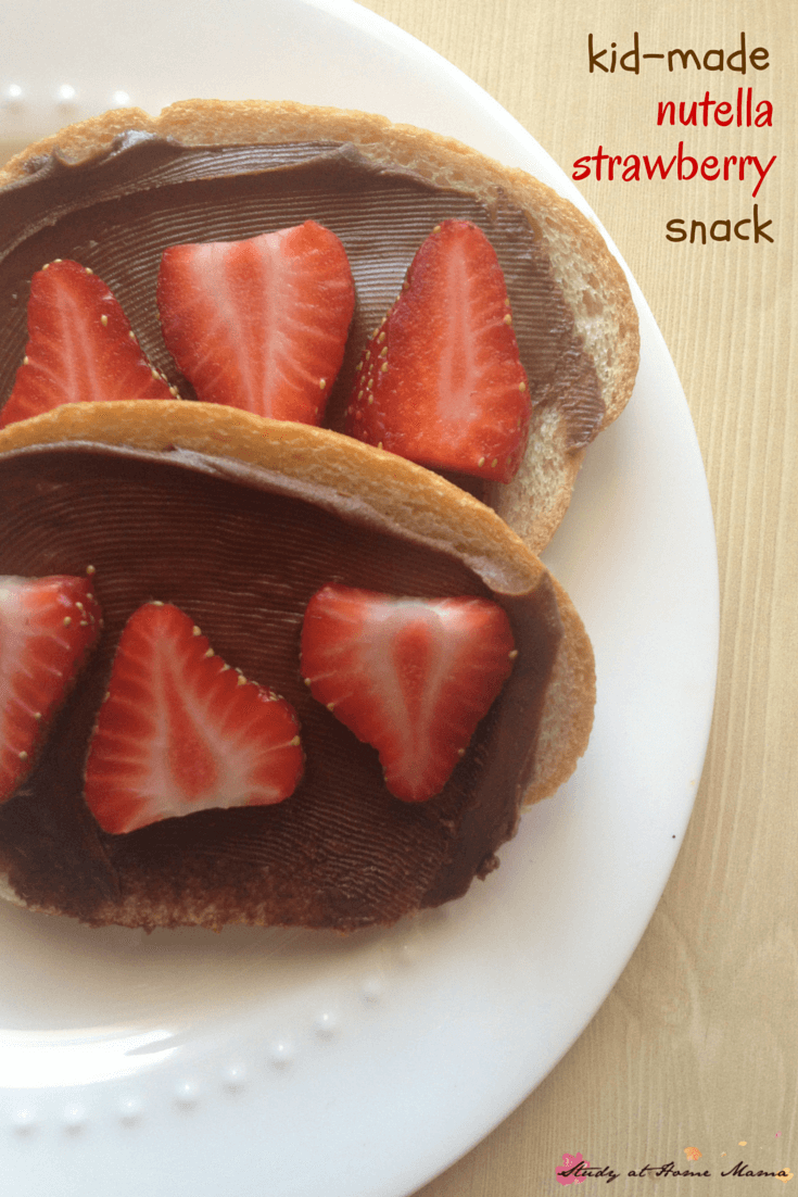 Kid-made Strawberry Nutella Snack - an easy healthy snack idea for kids to make themselves! A great kids kitchen recipe