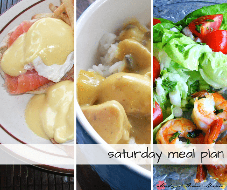 Healthy Saturday meal plan - indulge in some eggs benedict for breakfast, curry for lunch, and a simple shrimp salad for supper