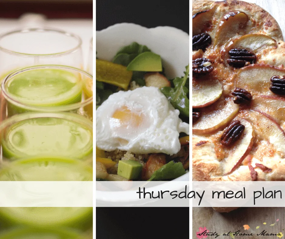 Thursday Healthy Meal Plan - start off with a green smoothie for breakfast, buddha bowl recipe for lunch, and homemade pizza recipe for supper!
