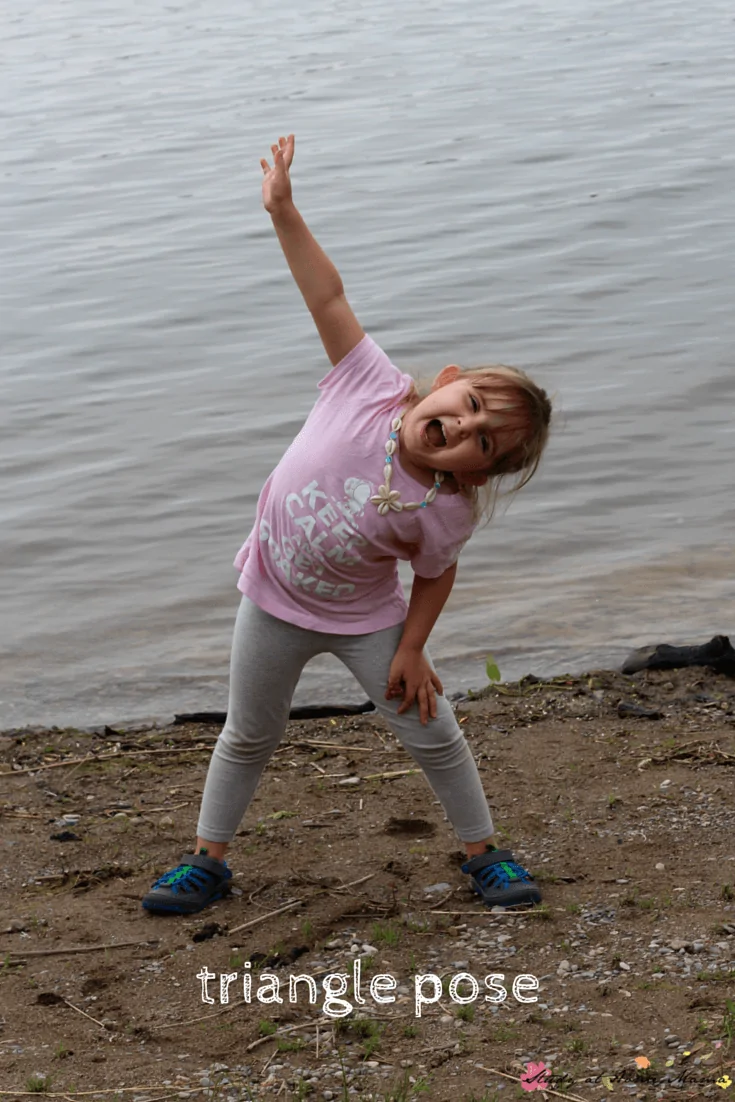 Triangle pose  is a great yoga pose for kids and part of this beach-themed yoga sequence for kids