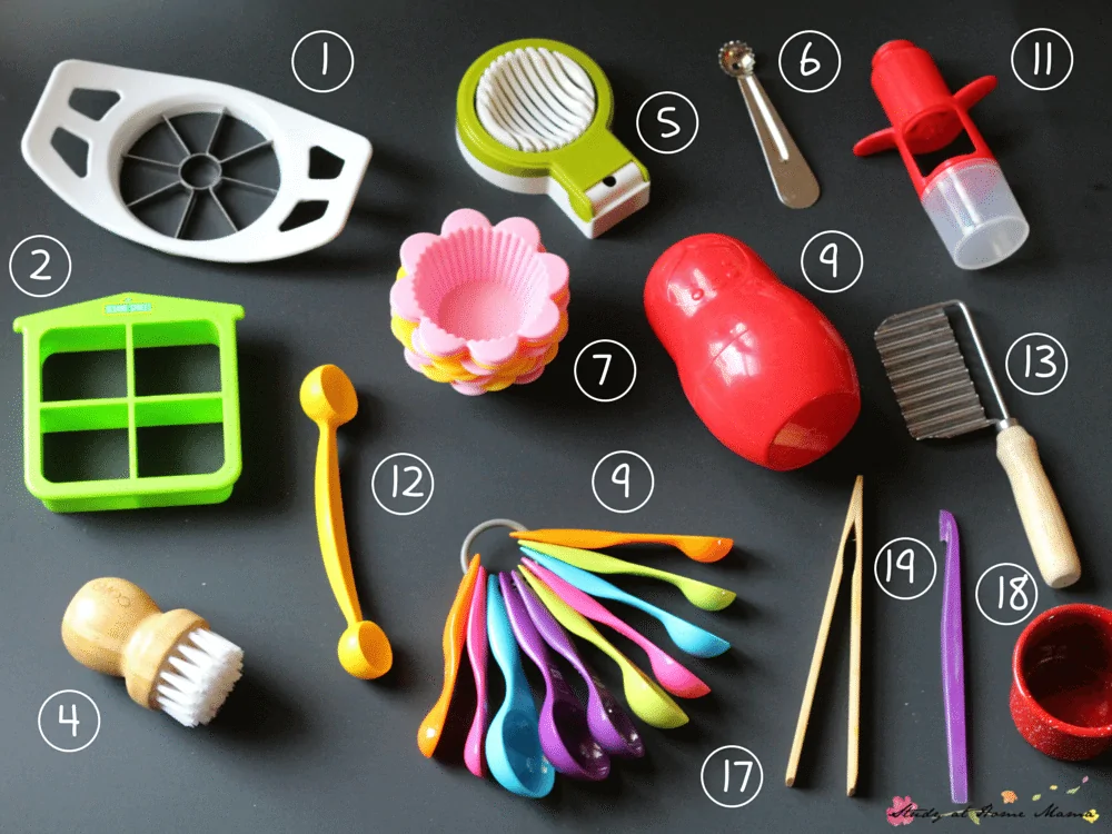 THE BEST KIDS KITCHEN TOOLS FOR HELPING WITH SNACK PREP. This post also includes the best kids kitchen tools for helping with supper and baking - plus a free printable shopping list!