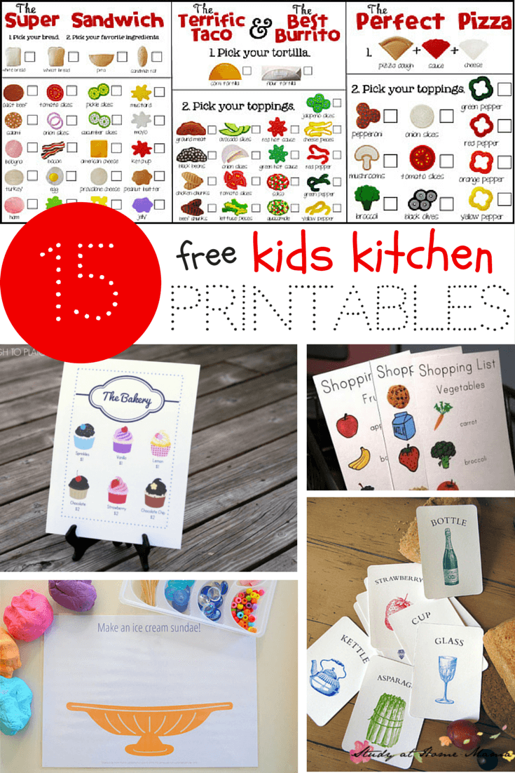 15 FREE Kids Kitchen Printables - to encourage learning about healthy eating and facilitate pretend play! Everything from vocabulary cards to play dough mats!