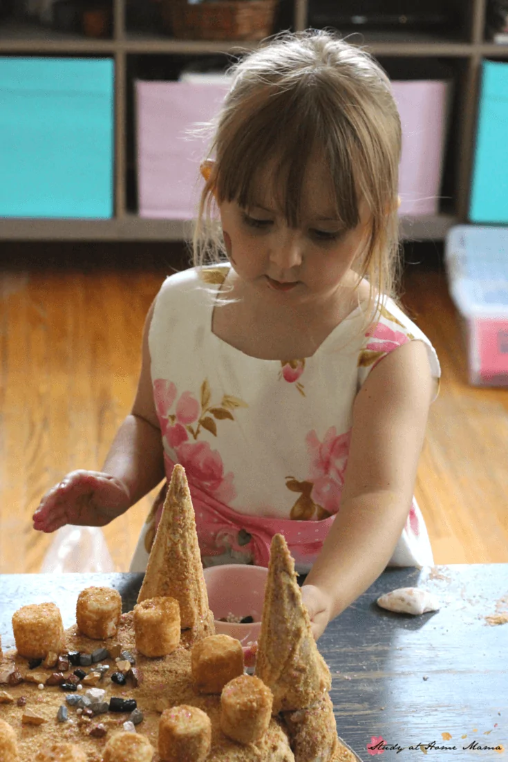 Kids Kitchen Sandcastle Cake - this little  girl made her own birthday cake. A homemade sandcastle cake for a mermaid birthday party