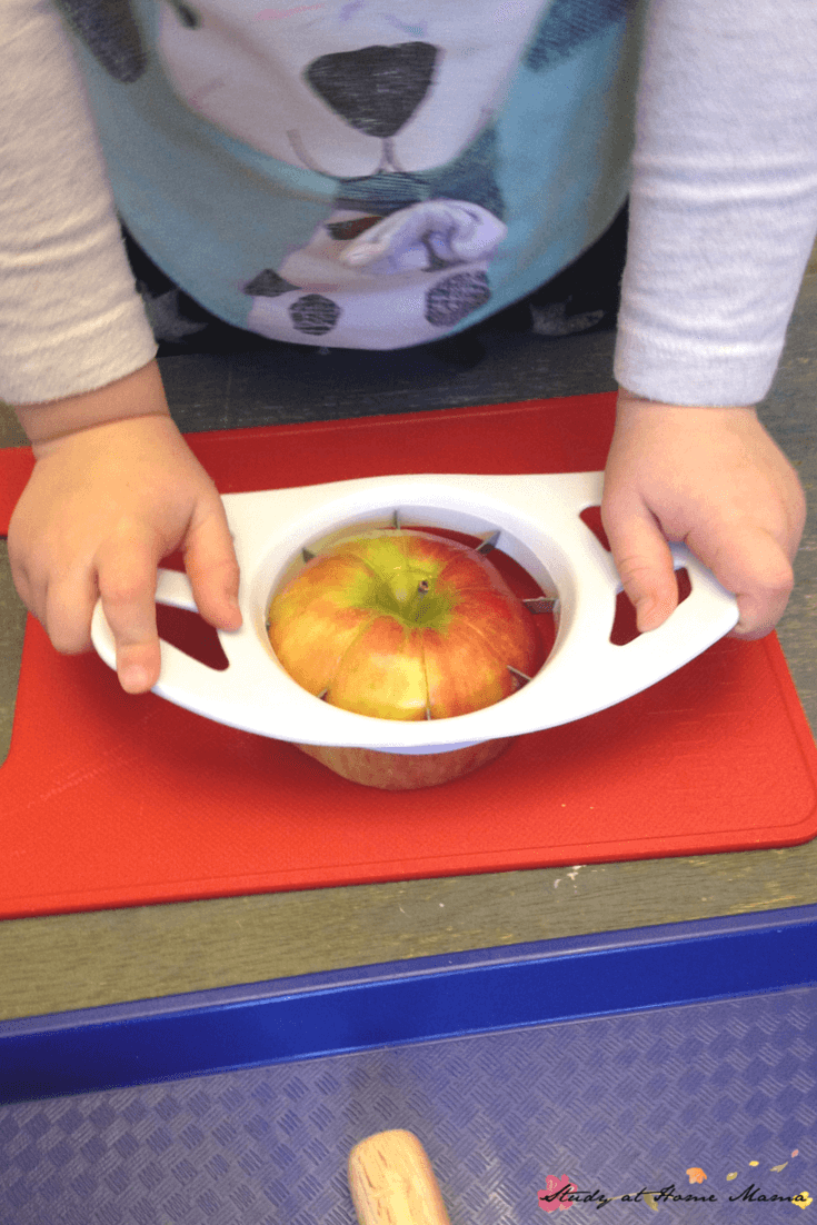 A few easy tweaks allow children to cut their own apples for snack time - check out this Montessori practical life lesson for tips!
