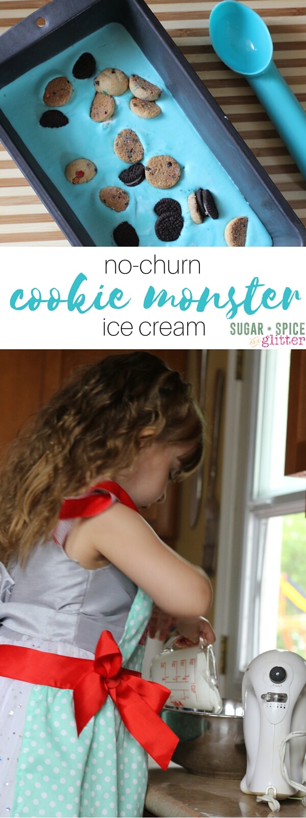 No-churn Cookie Monster Ice Cream, made by kids in the kitchen! Using natural food dyes, this cookie monster ice cream is a fun summer dessert for kids!