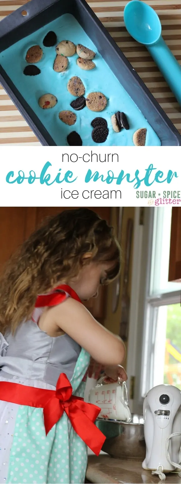 No-churn Cookie Monster Ice Cream, made by kids in the kitchen! Using natural food dyes, this cookie monster ice cream is a fun summer dessert for kids!