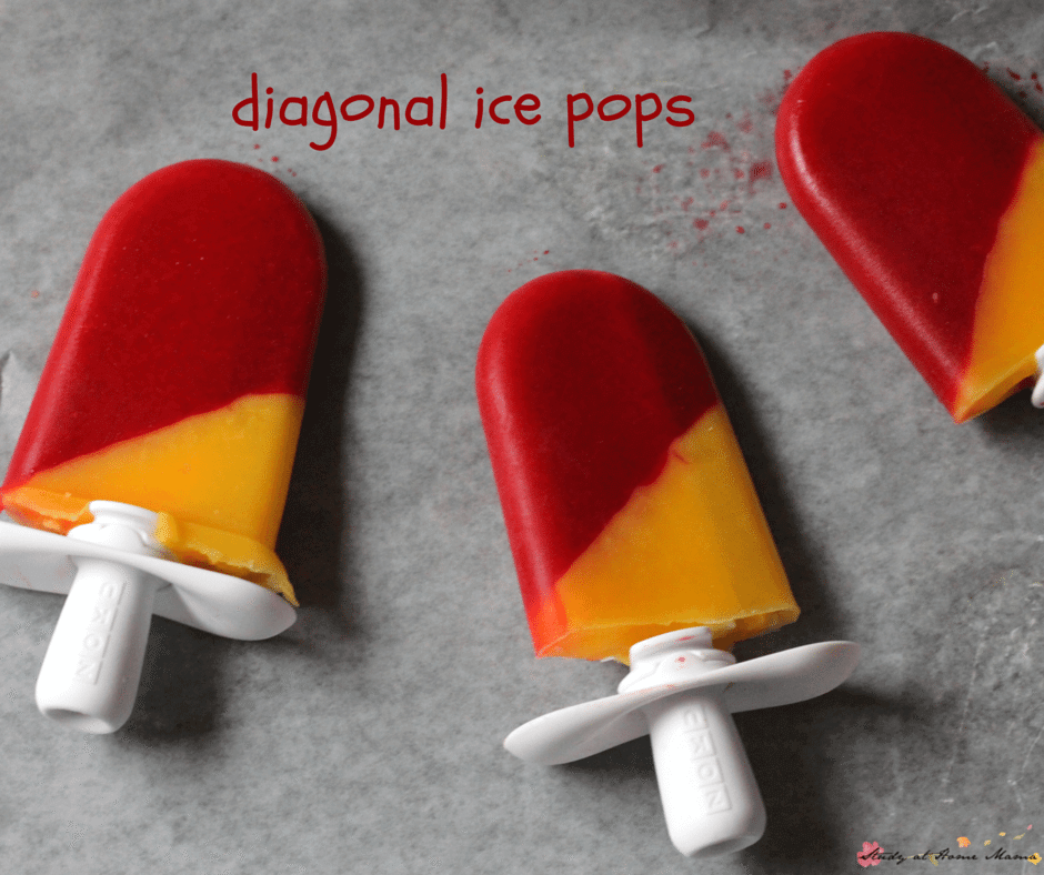 Mango-Raspberry Sugar-free Ice Pops: Learn how to make diagonal popsicles - so easy the kids can help make them!