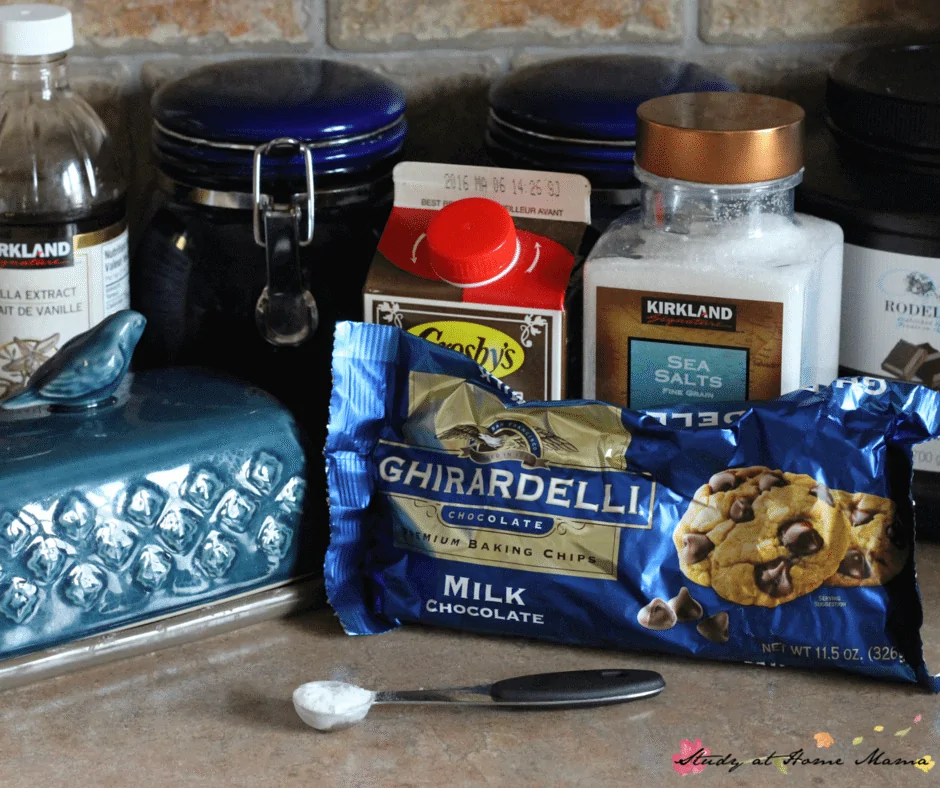 Ingredients for the best double chocolate chip cookies you will ever eat -- secret ingredients are brown butter, molasses, and a pinch of sea salt!
