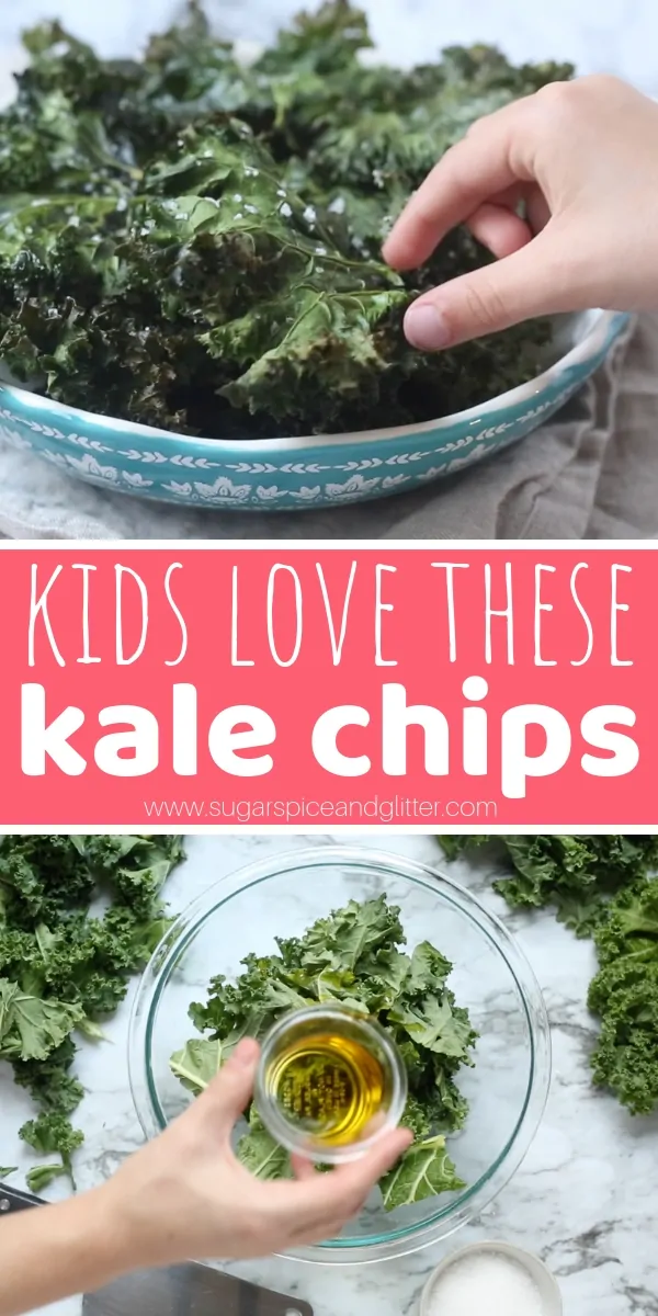 Baked kale chips are one of my favorite snacks and the kids love them, too! Check out our easy method for homemade kale chips kids can help make