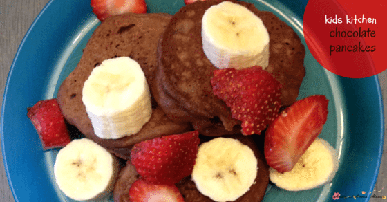 kids kitchen: double chocolate pancake recipe for an indulgent yet quick breakfast idea! Plus, have the kids cut up fresh fruit for topping to practice their kids kitchen skills