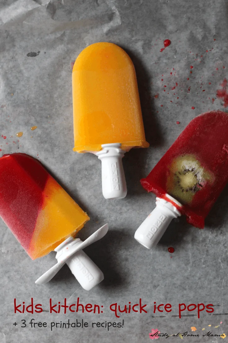 Kids Kitchen: 3 Quick Sugar-Free Ice Pops Recipes plus a free recipe printable! These are so much fun to get the kids involved in making them!