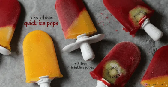 Kids Kitchen: 3 Quick Sugar-Free Popsicle Recipes plus a free recipe printable! These are so much fun to get the kids in the kitchen to help make them!