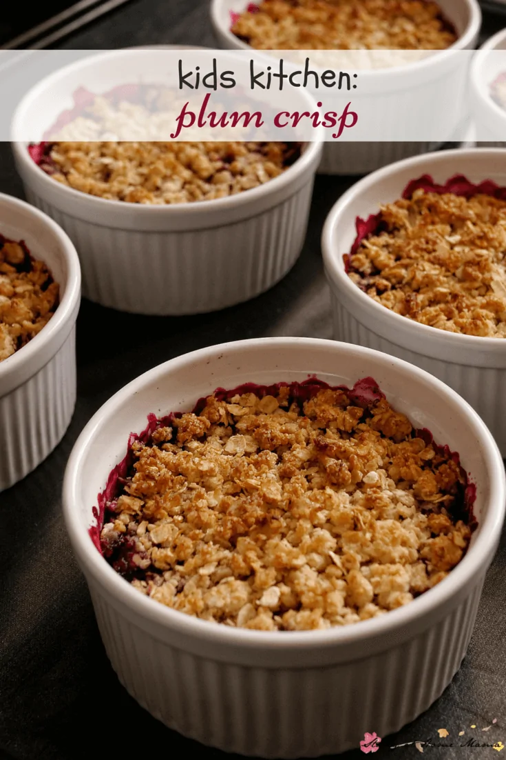Kids Kitchen recipe for a decadent and healthy plum crisp! An easy healthy dessert recipe for all seasons