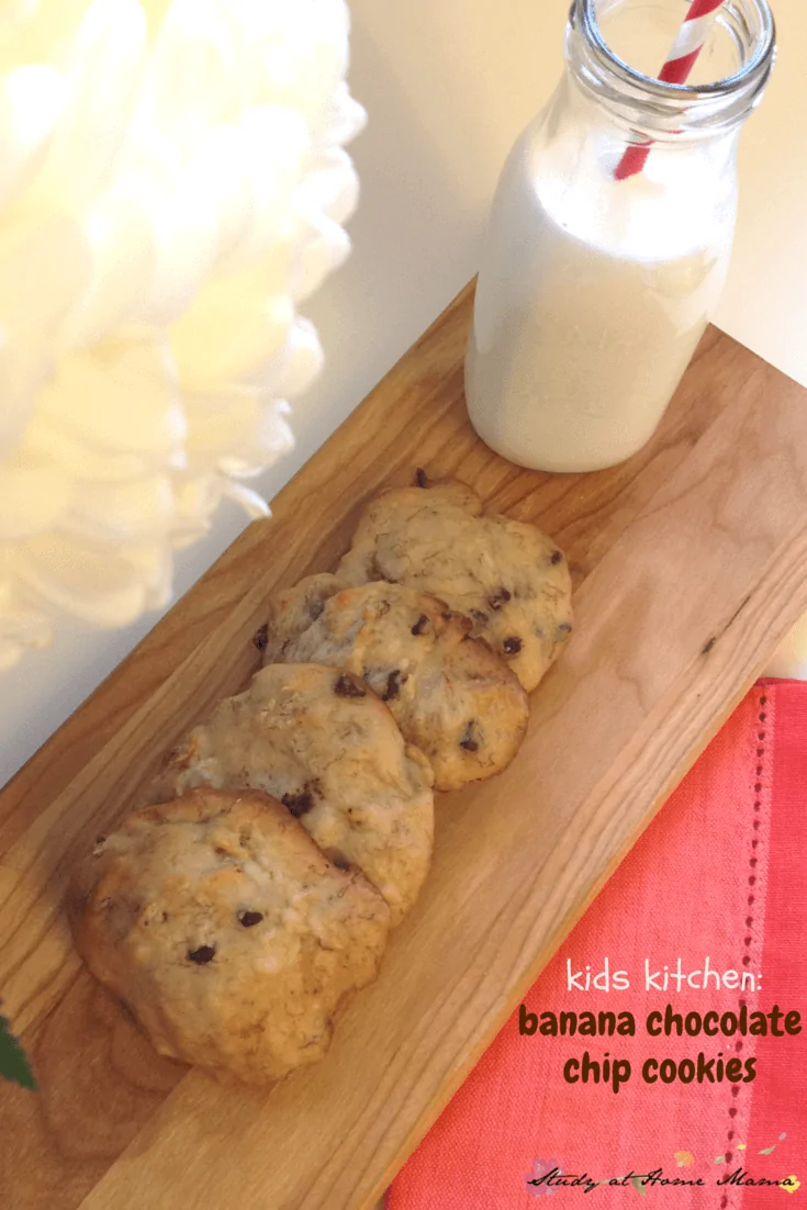 Kids Kitchen: Banana Chocolate Chip Cookies - the perfect soft banana cookie with just a hint of chocolate and cinnamon. Delicious soft cookie recipe