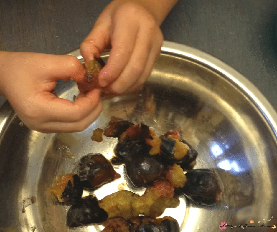 Crushing up and de-stoning plums is a fun sensory experience for kids in the kitchen and helps them build hand strength - plus then you can use those plums in this delicious plum crisp recipe