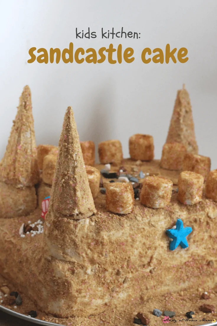 Make your own homemade sandcastle cake - perfect for a beach themed party or mermaid party. This cake is so easy to make, that it was actually a kids kitchen project!
