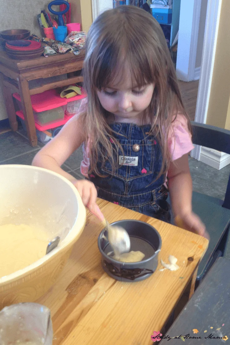 Layering a zebra cake is a great early math activity for little chefs