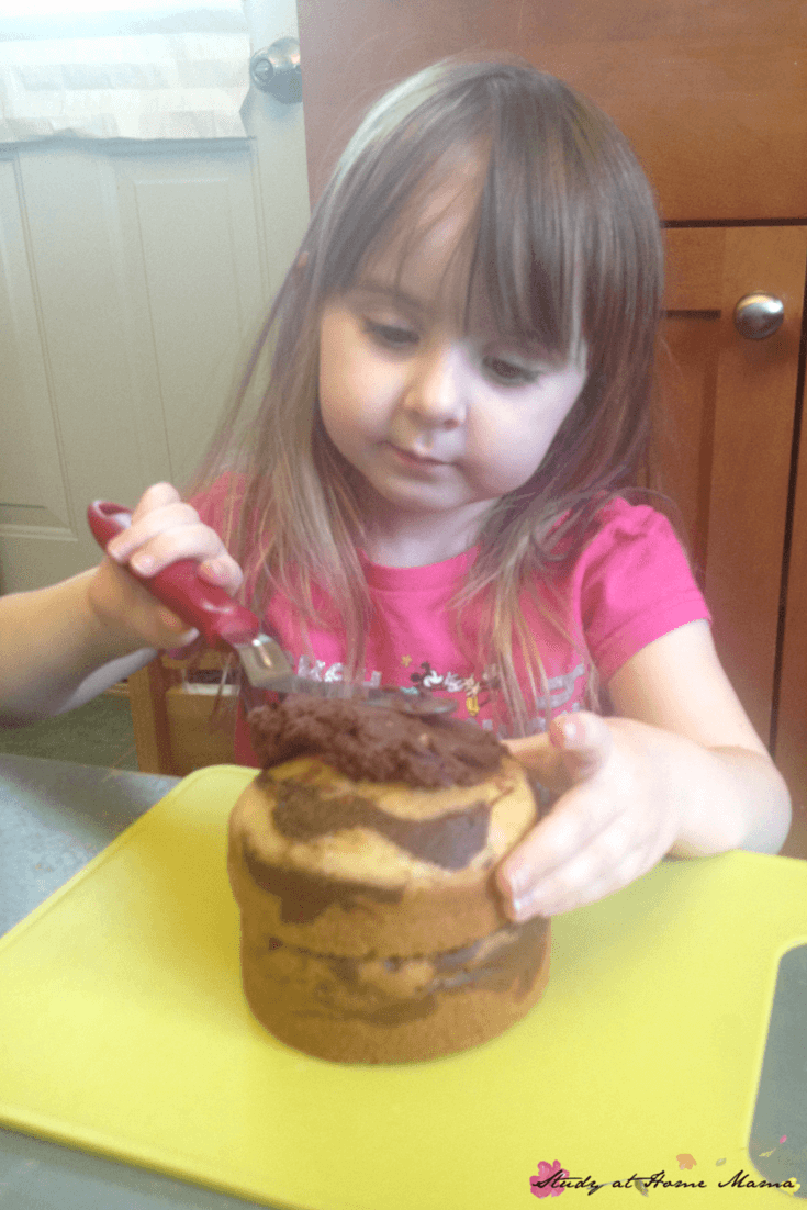 Use a homemade chocolate ganache to frost your kids kitchen zebra cake