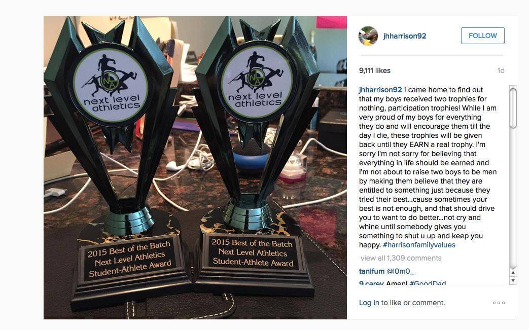 James Harrison's Instagram post regarding his son's participation trophies