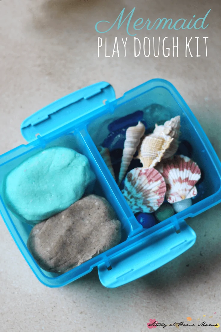 Mermaid Play Dough Kit - a perfect busy bag or party favour for your mermaid fans. Coconut scented play dough and sand play dough along with sea goodies make this a fun sensory activity for kids while encouraging them to practice early math and literacy concepts