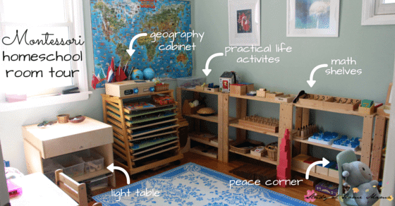 Montessori Homeschool Room tour - a sneak peek into our homeschool room. Find out how we make Montessori work for us!