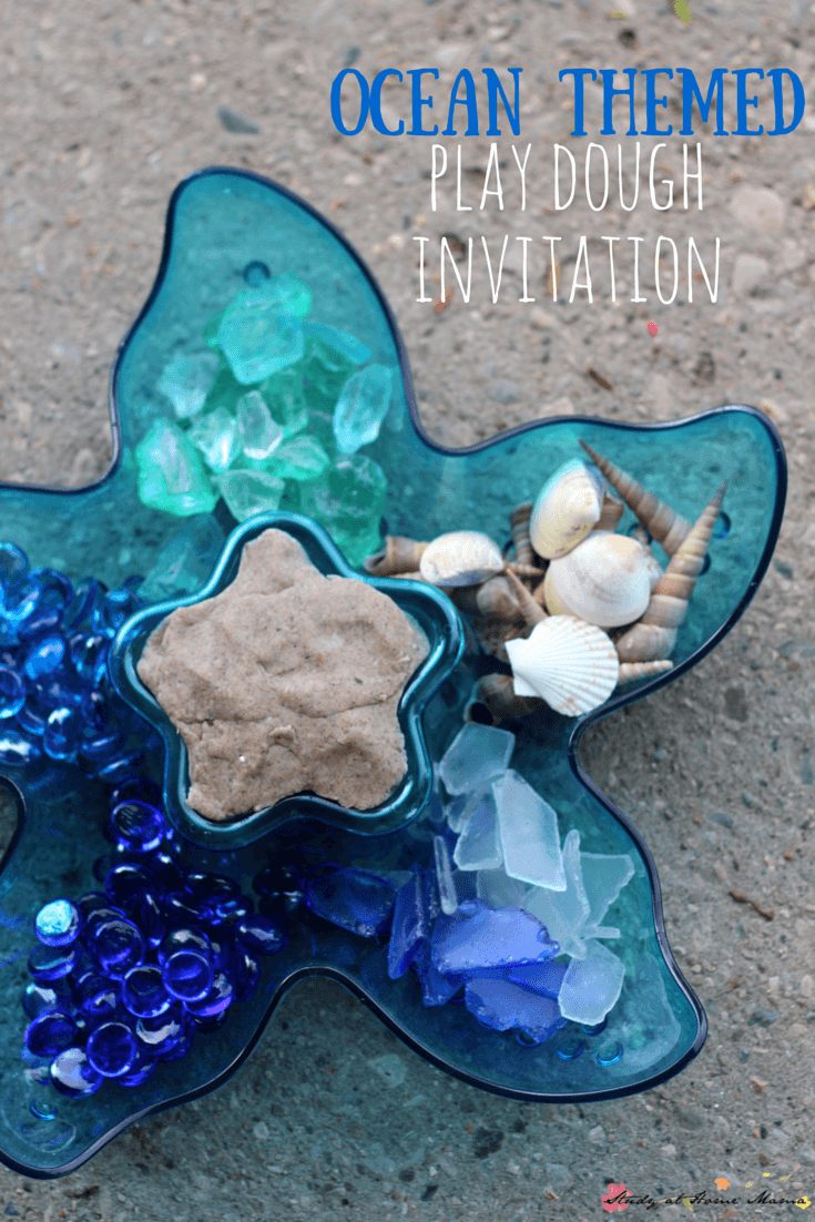 Ocean Themed Play Dough Invitation - two ways to present this sweet homemade play dough invitation - either an ocean play dough or a mermaid play dough. Encourage kids to explore early math and literacy concepts while engaging in a fun sensory activity for kids!