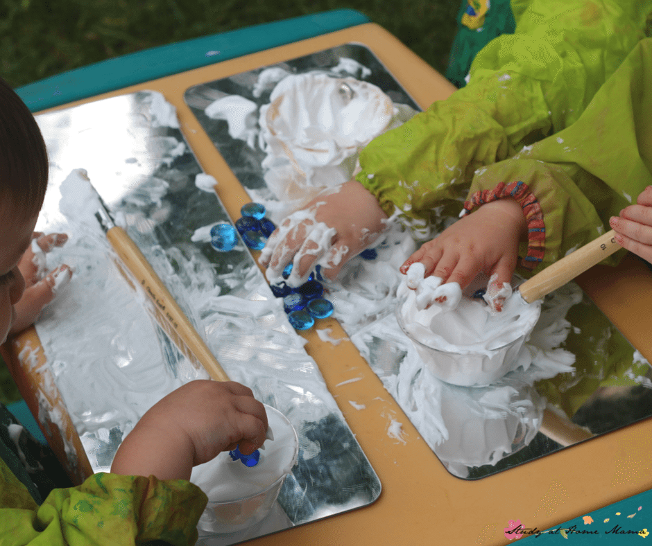 Messy fun: This Shaving Cream Cloud Painting Sensory Activities for Children is easy to clean and a delight for the senses, while learning about clouds