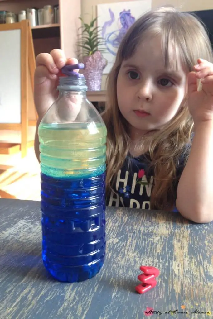Add some alphabet beads to this simple wave in a bottle science experiment for kids, to add a language component, too!