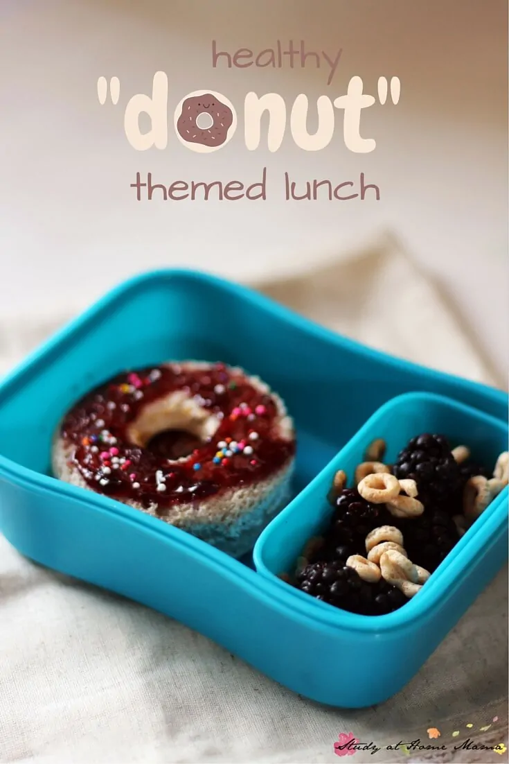 Healthy Lunch Box Idea for a Donut-inspired lunch. Includes a free lunch box note printable following the donut theme!