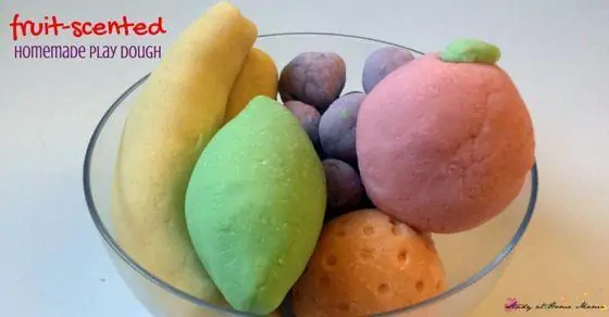 Fruit-Scented Homemade Play Dough - an easy recipe you can make with ingredients you already have on hand, no special trips to the grocery store required. She really shares 10 different fruit play dough recipes, plus a free printable so you can make homemade play dough whenever you want!