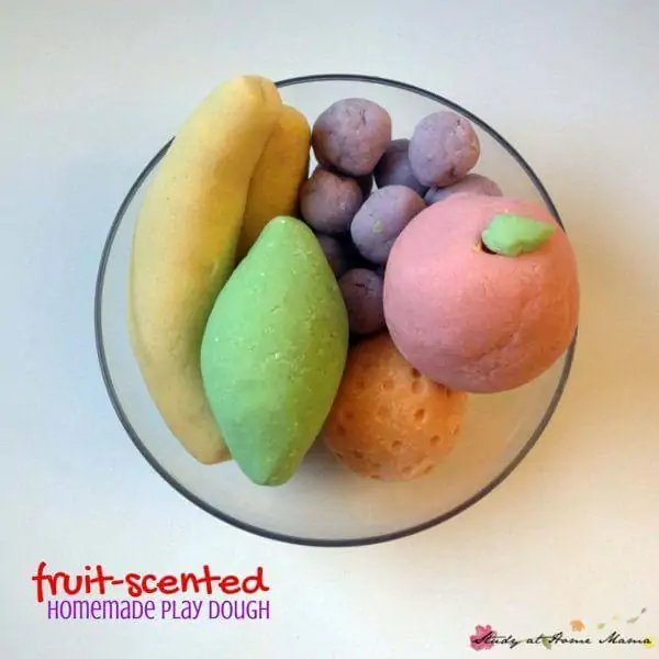 Fruit-Scented Homemade Play Dough - an easy recipe you can make with ingredients you already have on hand, no special trips to the grocery store required. Homemade play dough is a great sensory activity for kids, especially when you add fun colors and scents into the dough. Includes a free homemade play dough recipe