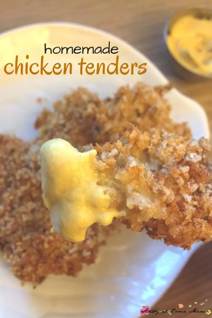 Easy Healthy Recipe for Homemade Chicken Tenders - crunchy coating, full of flavour, and juicy chicken. You'll never want over-salted, dry chicken fingers from a box again.