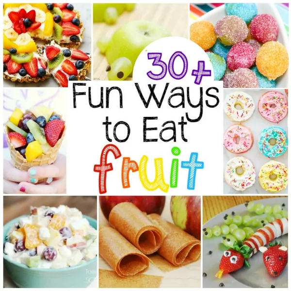 30 amazing and fun ways to get kids excited to eat fruit. Rainbow fruit, fruit pizzas, and homemade fruit roll-ups are just three of the ideas listed here