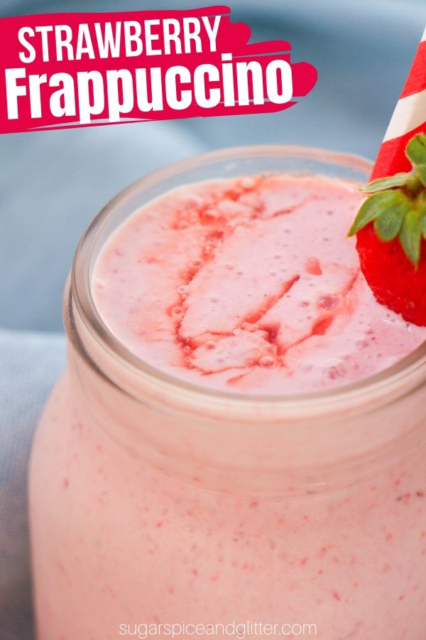 A healthy take on a Starbucks Strawberries and Cream Frappuccino, this Strawberry-Vanilla Frappuccino uses protein-rich greek yogurt, frozen strawberries and no sugar to make a delicious, fruity and icy cold smoothie to treat yourself with