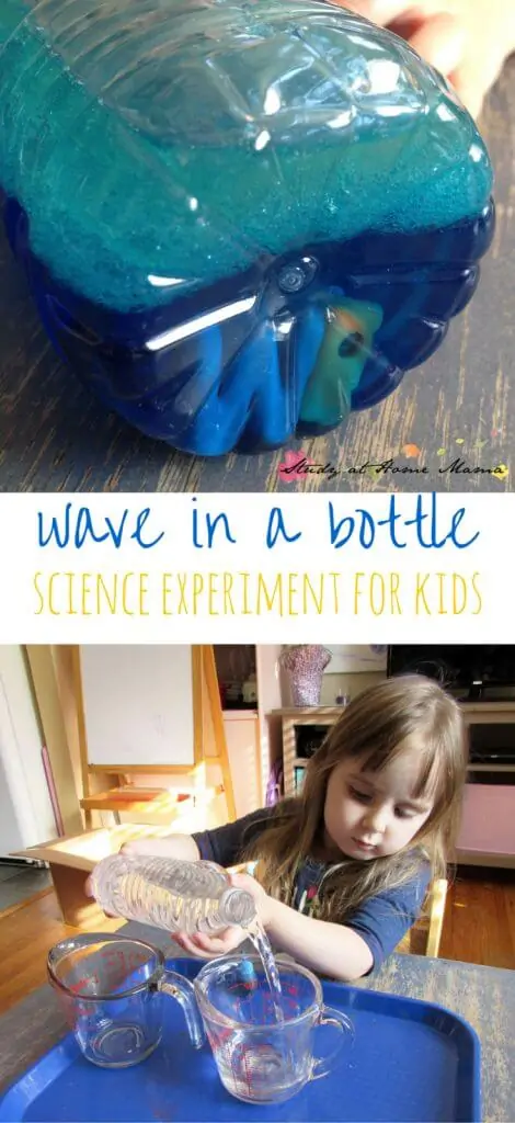 Wave in a Bottle: Science Experiment for Kids exploring how oil and water react when mixed, and how that relates to the scientific method. Doubles as a great language activity, too!