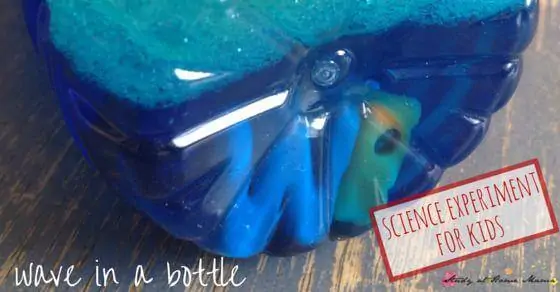 Wave in a Bottle: Science Experiment for Kids exploring how oil and water react when mixed, and how that relates to the scientific method. Doubles as a great language activity, too!