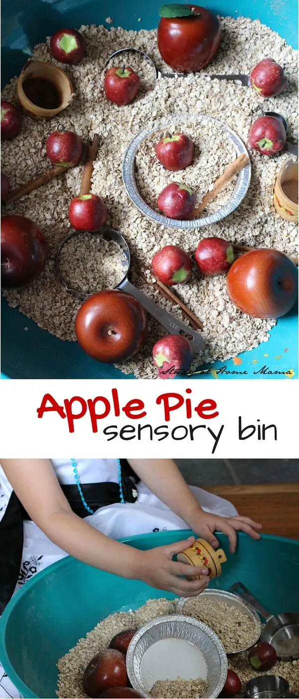 Apple Pie Sensory Bin - a cinnamon-scented, textured sensory bin full of math and language opportunities. An easy fall learning activity for kids!