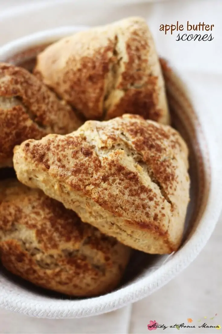 Apple Butter Scones recipe - a delicious fall recipe with a soft, crumbly texture and a crunchy cinnamon-sugar topping. Subtle ad natural flavours of apple, cinnamon, and caramel.