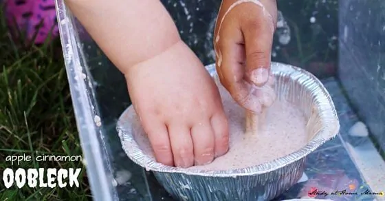 Apple Cinnamon Oobleck is a wonderful sensory activity for kids that encourages them to use creative problem solving skills while interacting with a non-Newtonian fluid. Oobleck is a wonderful sensory play idea for ages 2 and up.