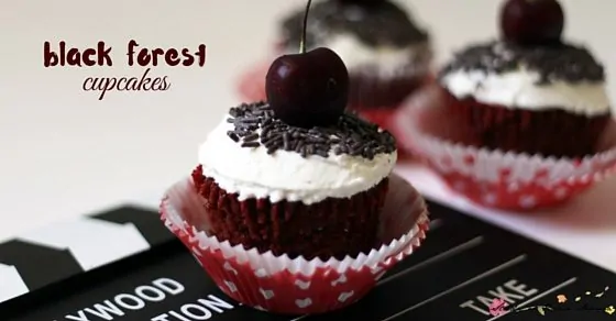 A fun twist on black forest cake - these black forest cupcakes are full of real, chocolate and cherry flavour with a homemade vanilla whipped cream topping. Yum!