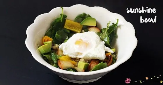 A sunshine bowl or buddha bowl is a quick and filling salad bursting with flavour and full of protein. Perfectly cooked quinoa and a poached egg top this bowl of sunshine
