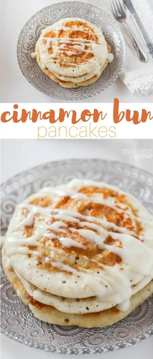 Homemade cinnamon bun pancakes, an indulgent breakfast recipe for when you want a special breakfast - whether for overnight guests or Sunday brunch, or even a special birthday breakfast!