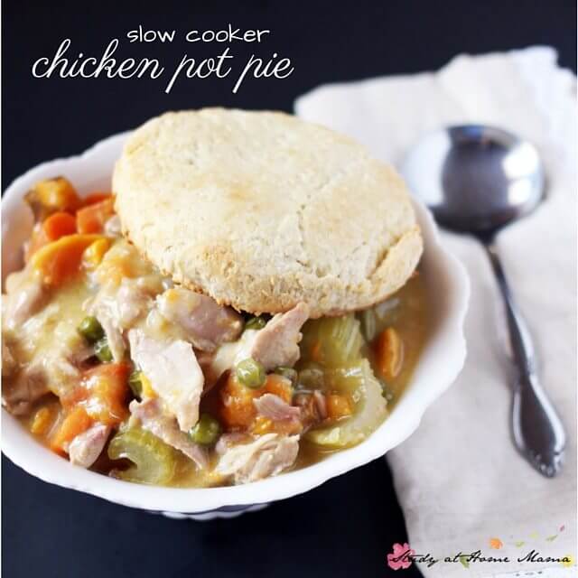 Slow cooker chicken pot pie - an easy, healthy recipe for this comfort food classic. Topped with homemade buttermilk biscuits and ready in less than 4 hours