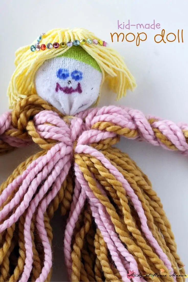 Oh, I just love this Kid-made Mop Doll - an easy kids' craft idea for a homemade toy that your child will love and feel proud of creating. There are so many ways to customize this - your child could make a whole set!