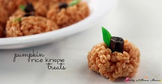 Pumpkin Rice Krispie Treats - a fun classroom snack for Halloween, and it's peanut-free! This is an easy snack for kids to help make, and can be made into Apple Rice Krispie treats, or even Jack O'Lantern Rice Krispie Treats.