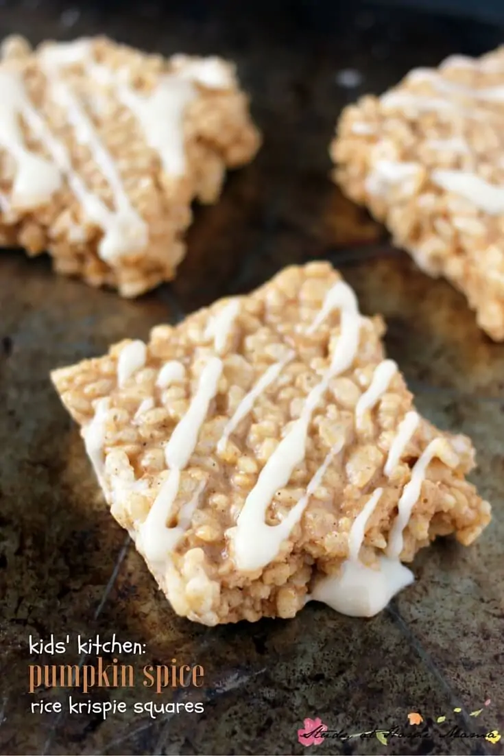 Kids Kitchen: Pumpkin Spice Rice Krispie Treats are super easy for kids to make, made with real pumpkin flavour and a delicious cream cheese drizzle