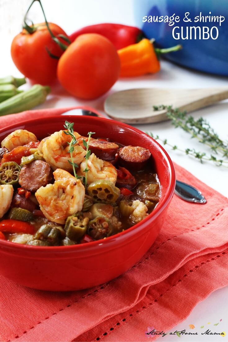 Easy healthy recipe for sausage & shrimp gumbo - a flavorful and comforting southern food classic. If you can't make it to New Orleans, this recipe will bring one of the best New Orlean's dishes to you. Just a bit of heat, but layers and layers of flavour with that amazing broth, smoked andouille sausage, fresh shrimp, and perfectly cooked vegetables - pin this recipe for when you need a bit of southern comfort!