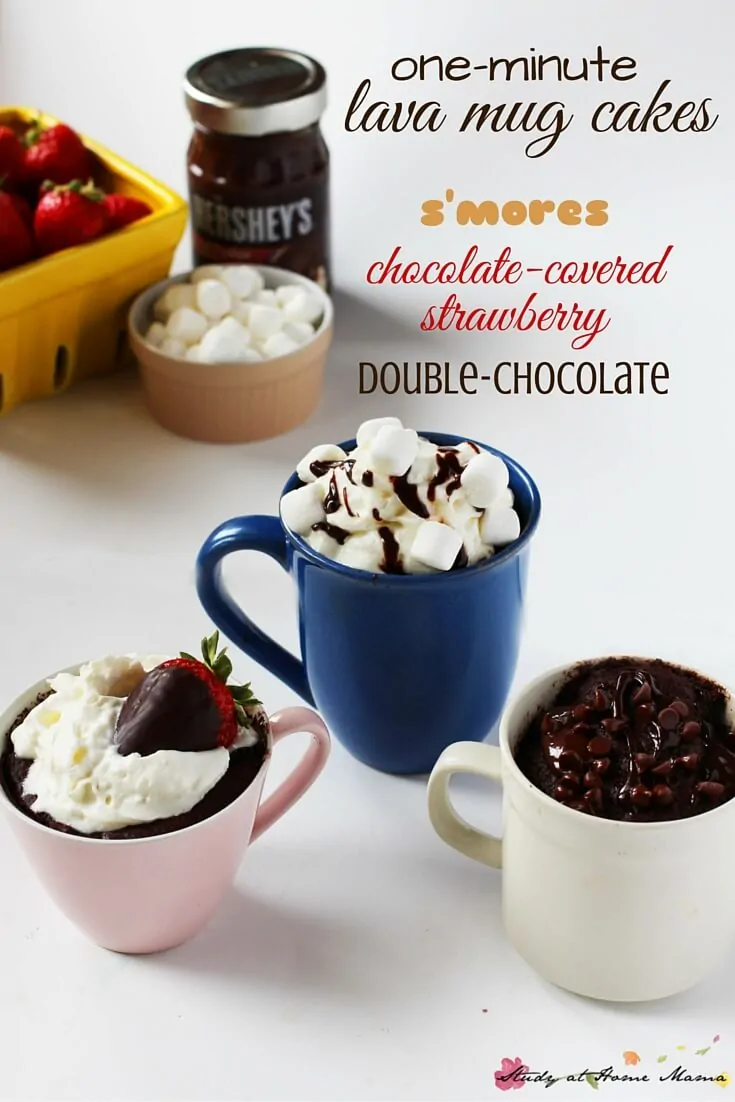 3 Amazing Recipes for One-Minute Lava Mug Cakes - S'mores filled, Chocolate Covered Strawberry, and Double Chocolate! So easy and so delicious