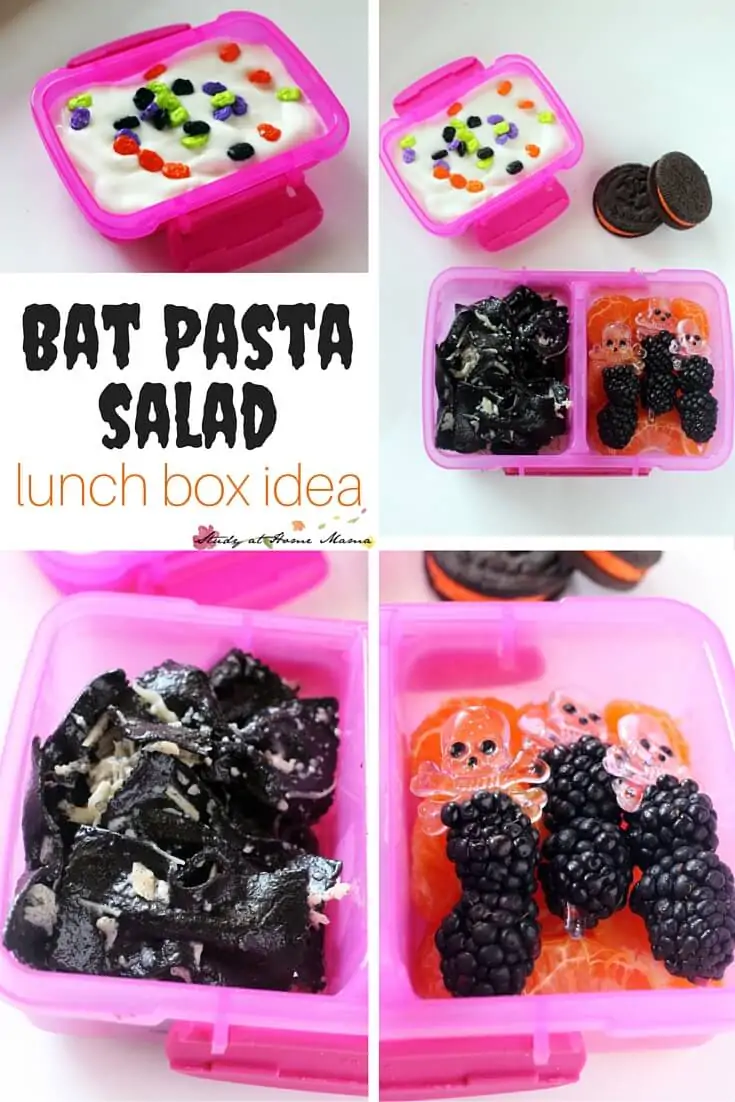 Bat Pasta Salad Lunch Box idea - using delicious squid ink pasta to make a spooky yet healthy Halloween lunch for kids. One of five healthy Halloween lunch box ideas