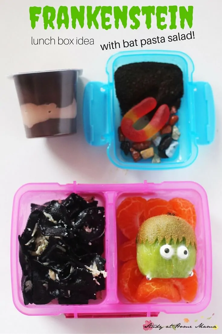 Frankenstein lunch box idea with a bat pasta salad and worm and dirt pudding. One of five healthy Halloween lunch box ideas